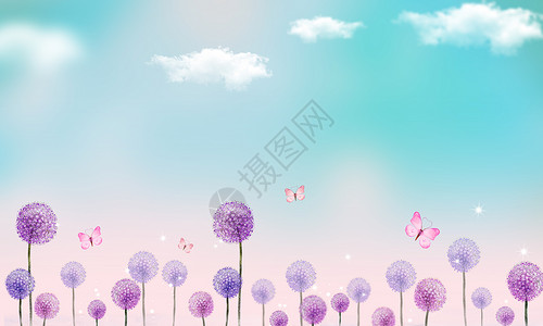 飞舞的蝴蝶天空下的花朵设计图片