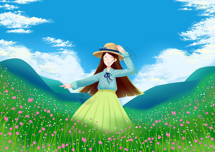 花丛中的女孩帽子高清图片素材