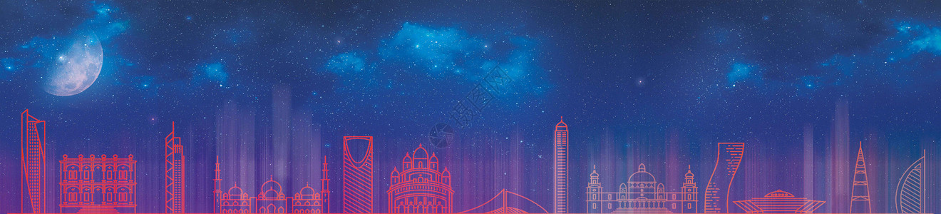 河畔夜市星空下的城市banner设计图片
