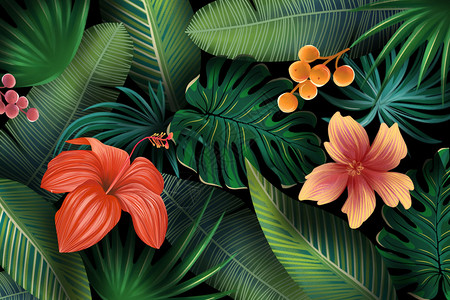 叶子丛林热带植物花卉插画