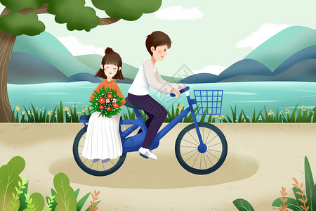 骑牛踏春的情侣情侣骑自行车插画