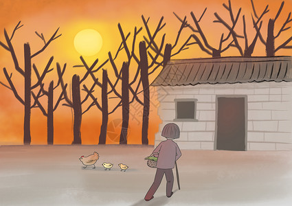 留守孤独老人回家的夕阳插画