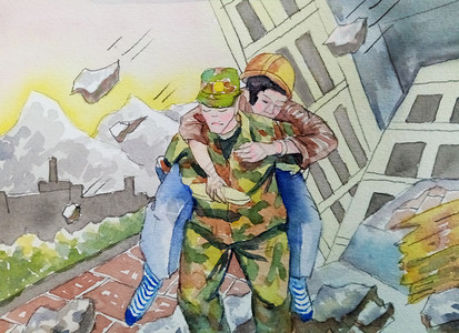 抗震救灾素材地震中被解放军救护的人插画