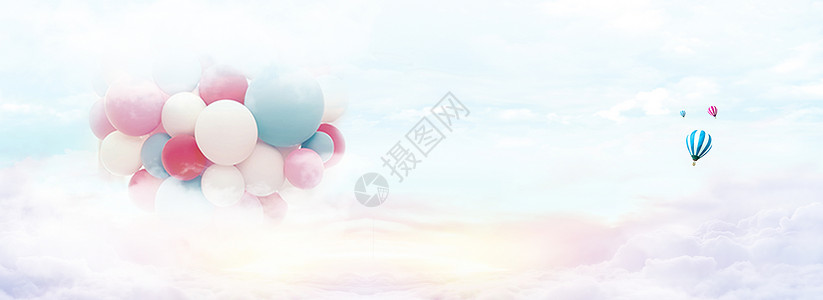 开心小清新云朵气球小清新banner海报背景设计图片