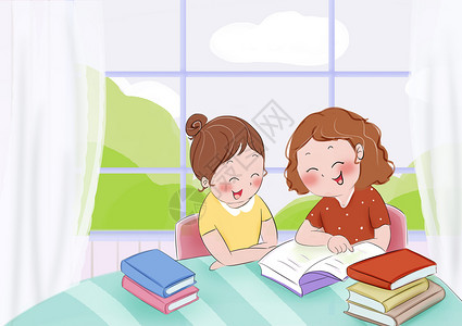 快乐的两个女孩快乐阅读插画