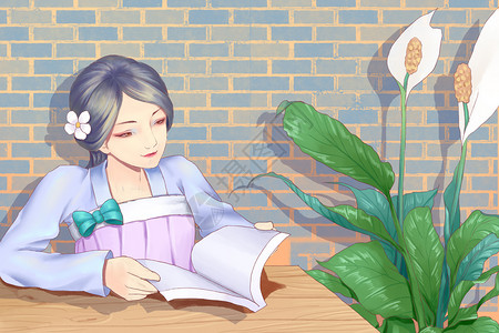 读书的女孩植物高清图片素材