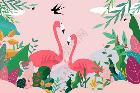 粉色春天花草热带植物动物背景插画
