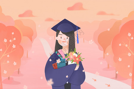 穿着学士服樱花季，毕业季插画
