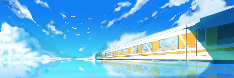 畅游天下碧海蓝天下行驶的列车插画