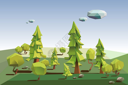 绿色低多边形森林，3D树的立体大自然背景图片