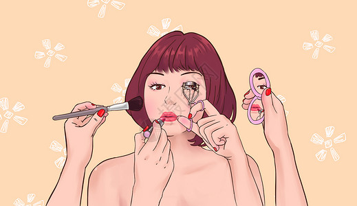 美女手部美甲急忙化妆的女孩插画