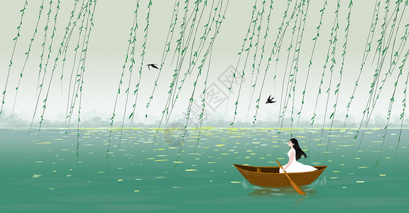 春天垂柳湖中划船的女孩插画
