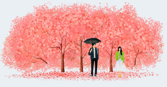情侣相遇樱花树下暗恋的男孩女孩插画