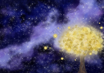 银河soho夜景星空下的树插画