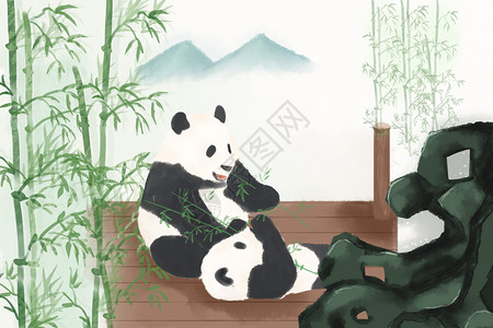 熊猫兰花与石中国画高清图片