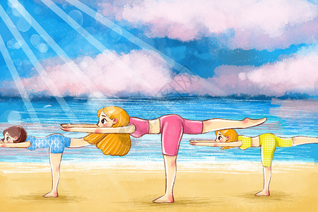 海边瑜伽插画图片