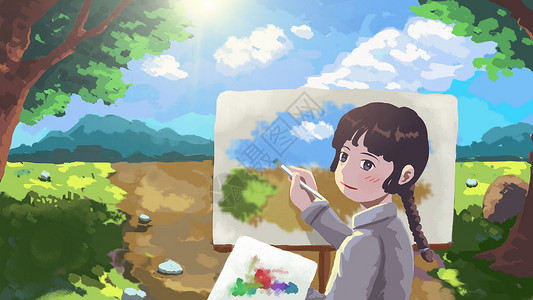 油画写生画画的少女插画