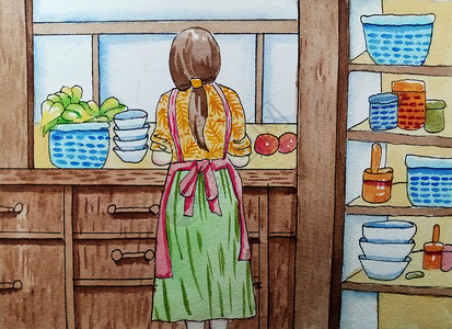 忙碌厨房妈妈在厨房忙碌的背影插画