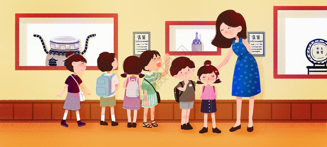 外教老师和学生带学生参观博物馆插画