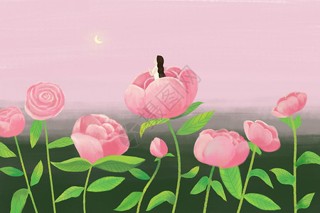 粉红玫瑰花丛中的追月女孩插画