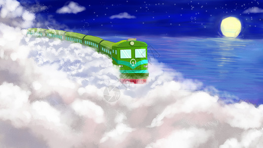 绿皮车夜晚运行的火车插画