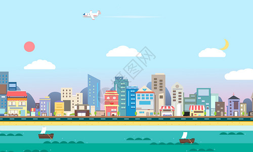 城市建筑飞机城市建筑插画
