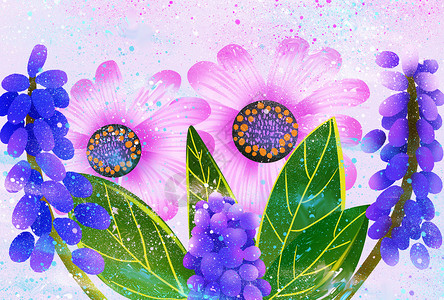 蝉和兰花叶子花卉背景素材插画