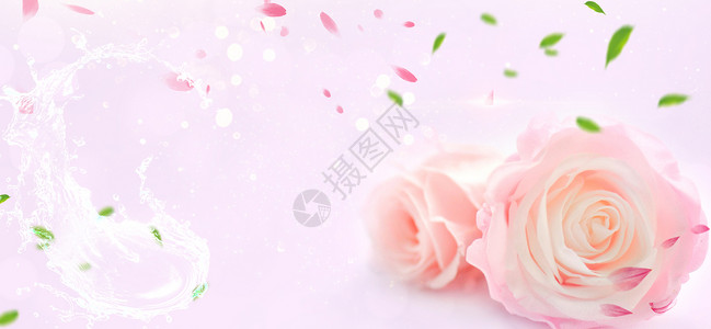 水杯和一束玫瑰美好花朵背景设计图片