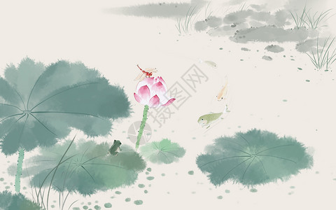 池塘蜻蜓中国风荷花插画