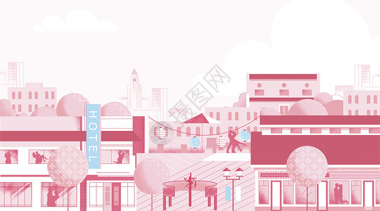 城市精品酒店粉色街景插画