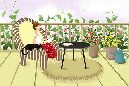 女人花园休闲时光阅读插画