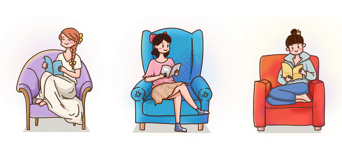 美女居家洗漱沙发上看书的女孩们插画