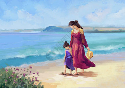 母女海边散步沙滩高清图片素材