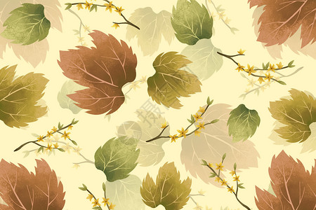 秋天树林元素枫叶花卉树枝素材背景插画