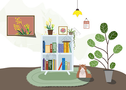 清新书房猫和植物高清图片