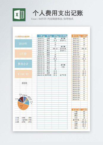 个人费用支出记账表excel模版图片