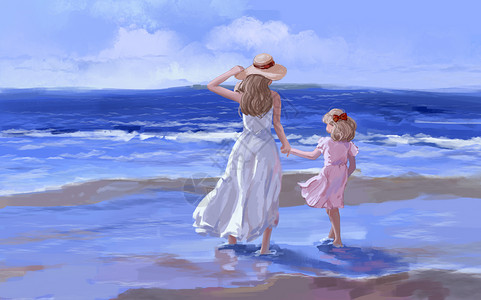 上海滩素材母女海边散步插画