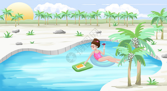 夏季游泳池游泳池的女孩插画