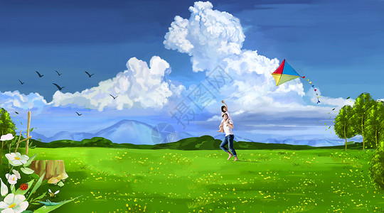 自由花丛郊外放风筝的父女插画