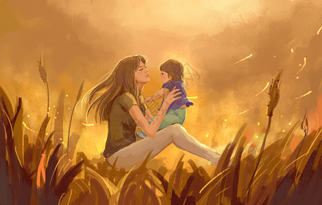 与母亲拥抱草地上的母子插画