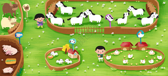 农场儿童参观动物园插画