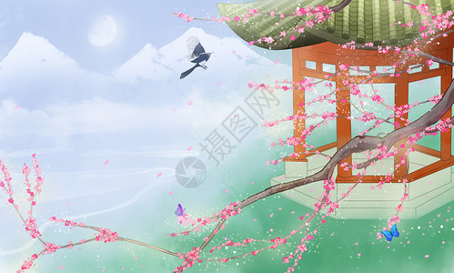 粉色桃花与树枝中国风背景插画插画
