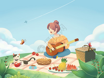 吉他旅行春天的野餐插画