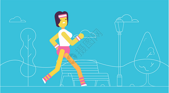 晨练的女生跑步运动小场景插画