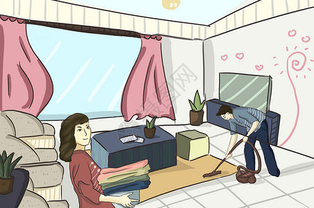 地毯清洁做家务的夫妻插画