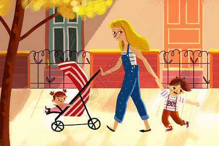 散步夏天妈妈和孩子们插画