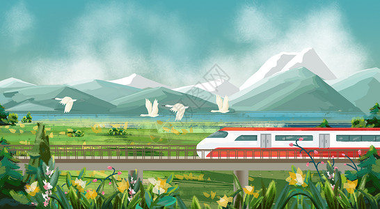 旅行在路上坐上火车去旅行插画