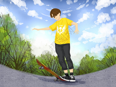 首届生活节滑滑板的青年插画