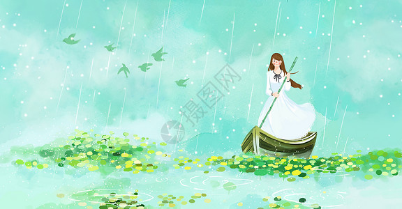 下雨美女夏天雨中划船插画