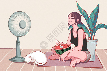 拿西瓜的少女夏日清凉插画
